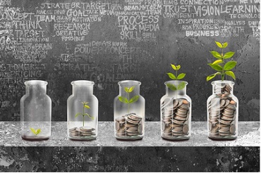 Photo shows the concept of growing savings with a plant in bottles at various stages of growth.